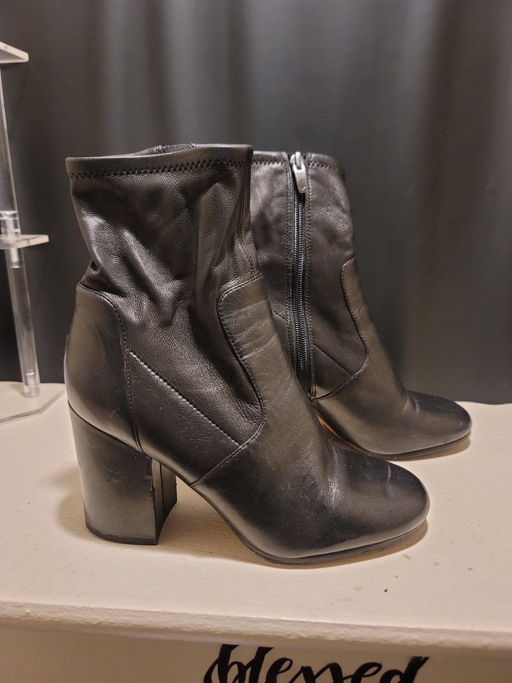 Via Spiga Black Leather Block-Heel Ankle Boots